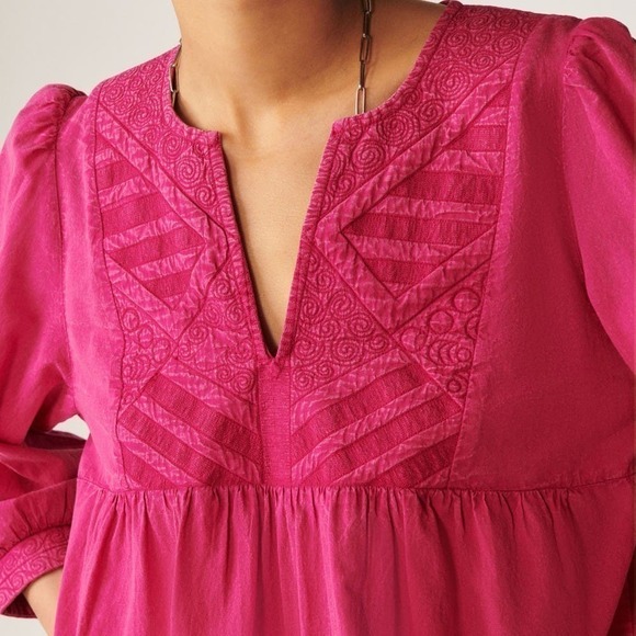 ba&sh Ilo Top 3/4 Sleeve Split Neck Embroidered Bib Fuchsia Pink NWT Size XS - Picture 2 of 13